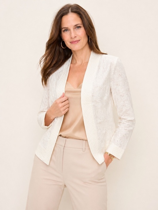 Carole Little Jackets & Blazers - Carole Little Ivory Linen Embroidered Jacket S Open Front Floral Eyelet Blazer